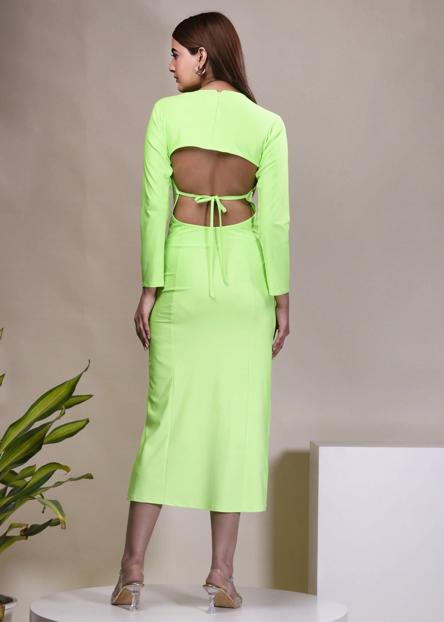 NEON GREEN DACRON BACKLESS WITH TIE UP STRING BODYCON DRESS