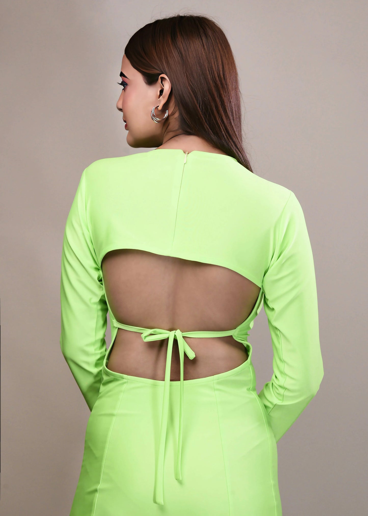 NEON GREEN DACRON BACKLESS WITH TIE UP STRING BODYCON DRESS