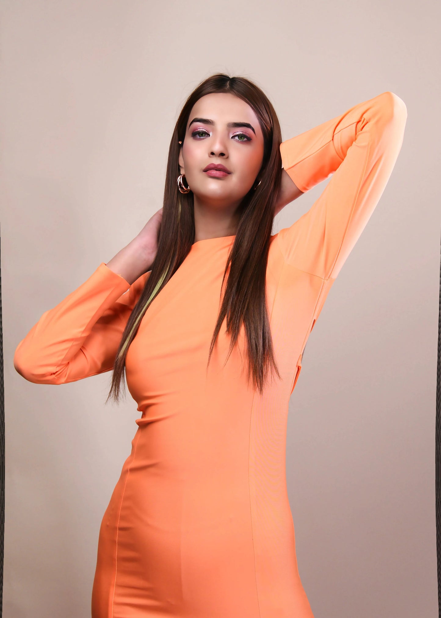 ORANGE DACRON BACKLESS WITH TIE UP STRING BODYCON DRESS