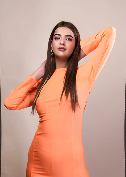 ORANGE DACRON BACKLESS WITH TIE UP STRING BODYCON DRESS