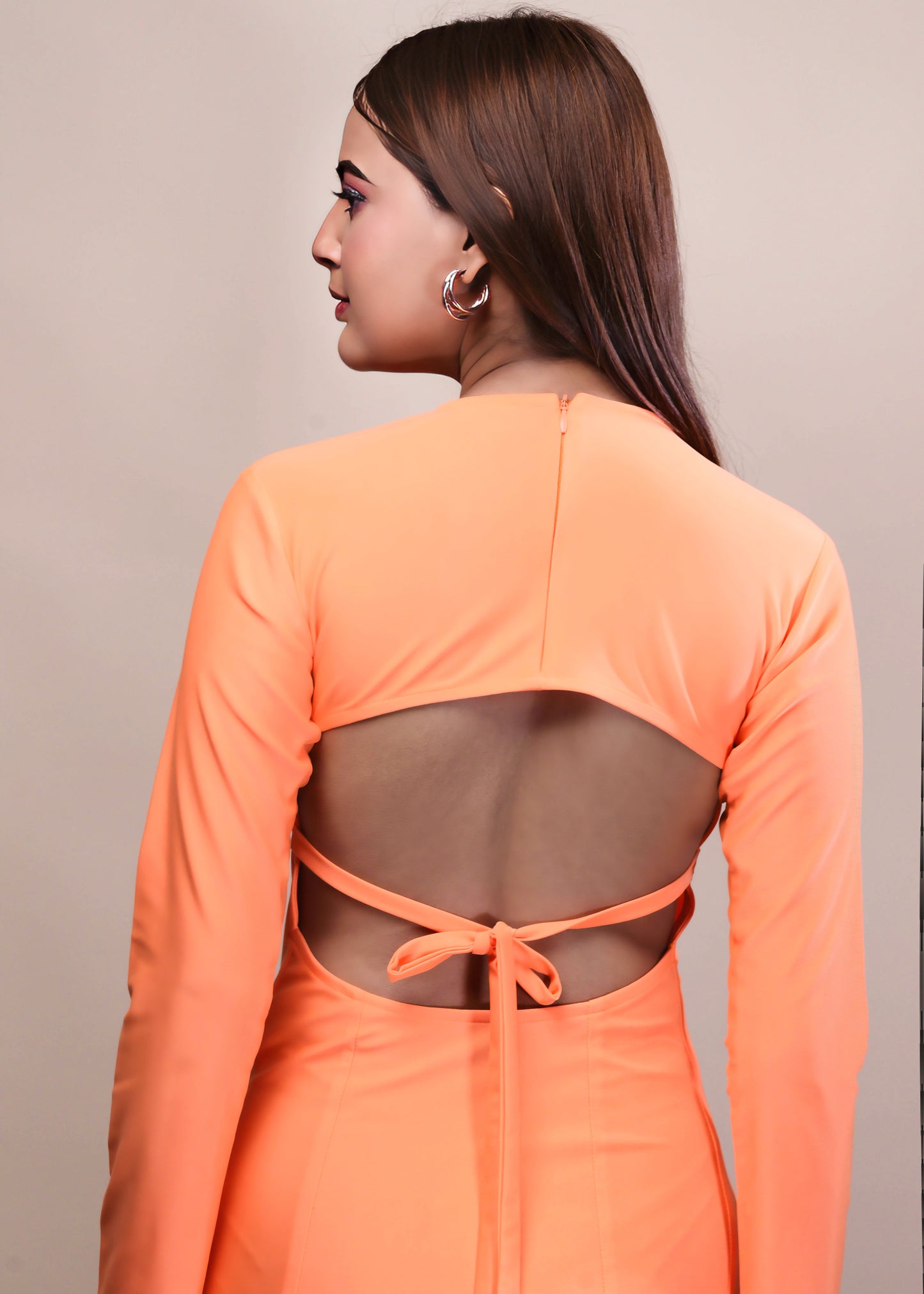 ORANGE DACRON BACKLESS WITH TIE UP STRING BODYCON DRESS