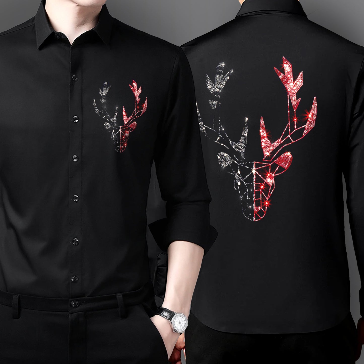 Men's Black Luxury Rhinestone Cotton Shirts