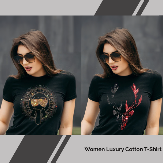 Pack of 2 Women's Luxury Cotton T-Shirts (GLASSES+DEER)