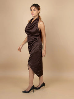 RADIANT DARK BROWN SATIN HALTER NECK BODYCON DRESS