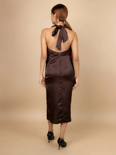 RADIANT DARK BROWN SATIN HALTER NECK BODYCON DRESS