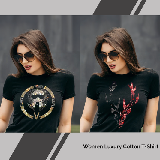 Pack of 2 Women's Luxury Cotton T-Shirts (TIE+DEER)