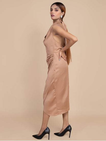 RADIANT BEIGE SATIN HALTER NECK BODYCON DRESS