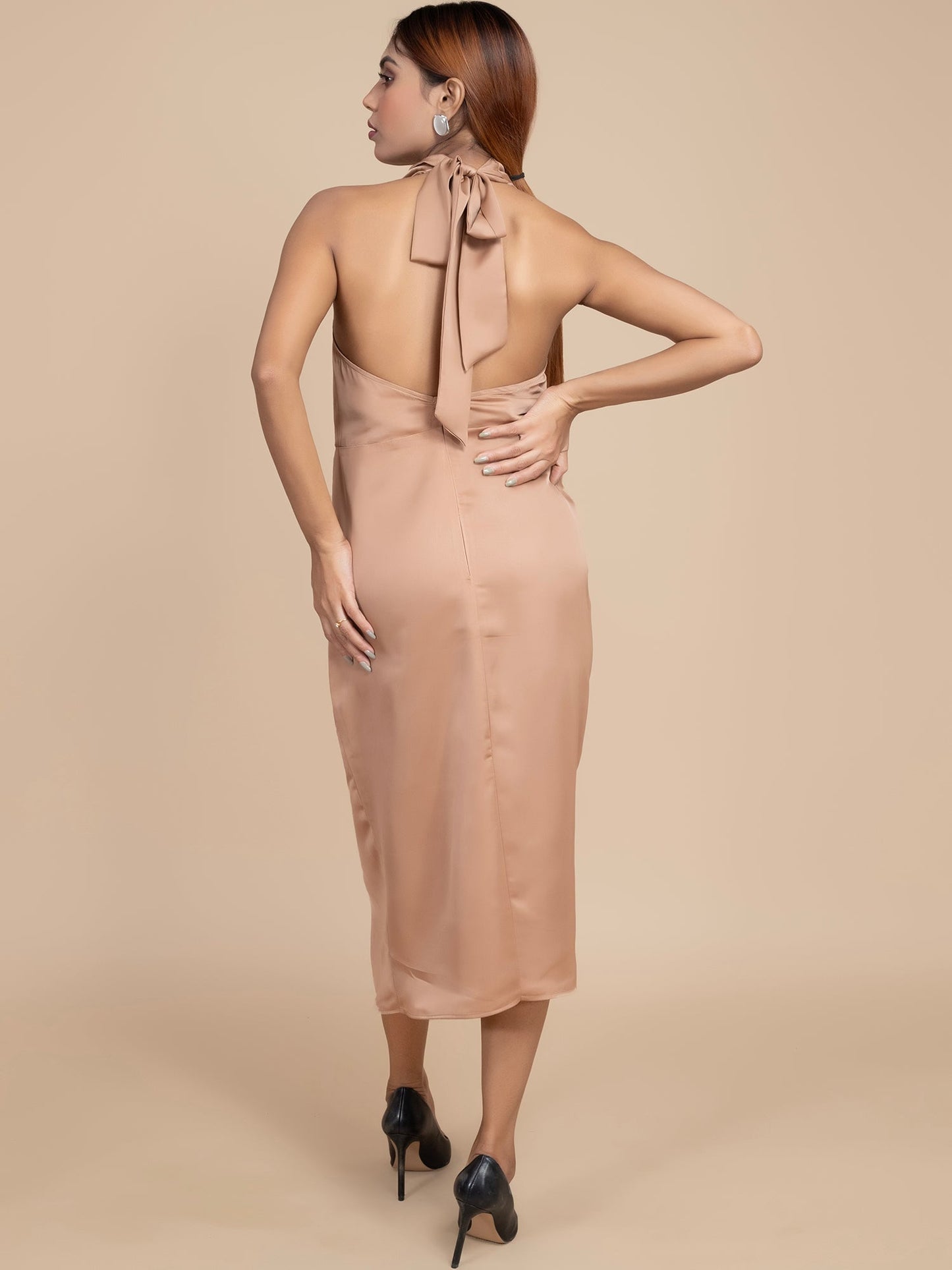 RADIANT BEIGE SATIN HALTER NECK BODYCON DRESS