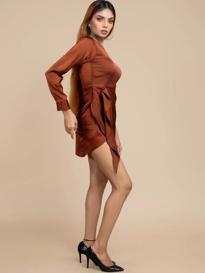 ONE-SHOULDER COPPER SATIN DRAPED DRESS